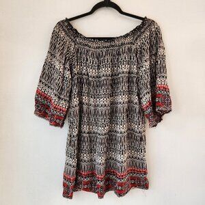Angie Smocked Boho Blouse Top Shirt Black White 3/4 Sleeve Bohemian Women's L